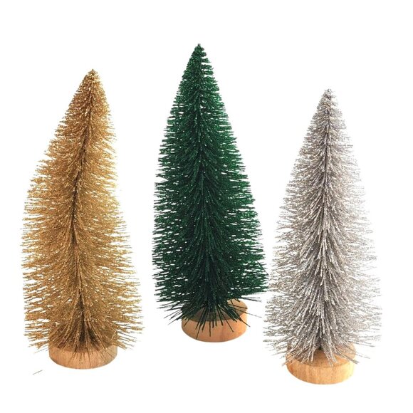 Bottle Brush Trees In Gold Green & Silver Set Of 3, 8"  With Wooden Base For Ho - Picture 1 of 10